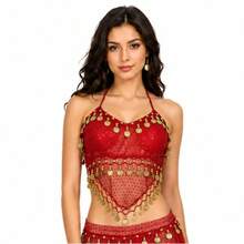 Women Halter Sequin Mesh Belly Dance Crop Top, Gold Coin Fringe Dangling Beads Performance Costume Top For Rave Festival Club Halloween, Multiple Colors Available - Multicolor - View 6