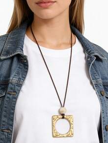 1pc Bohemian Style Exaggerated Bold 3D Textured Square Pendant With Quality Round Bead Necklace, Artistic Minimalist Wax Cord Long Sweater Chain, Niche Aesthetic Accessory, Christmas Halloween Gift For Best Friend, Girlfriend, Mother, Holiday Gift - Wax Rope - View 3