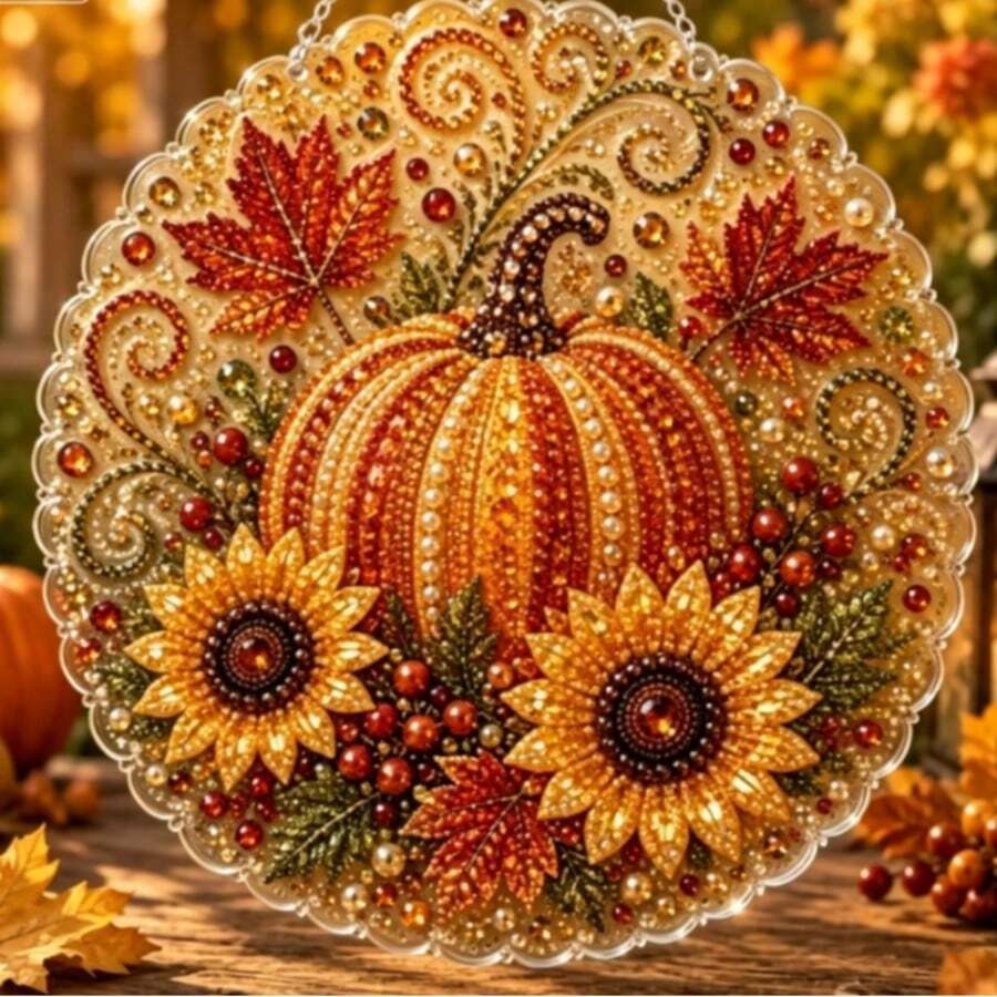 Autumn Pumpkin Squirrel Fox Sunflower Gemstone Mosaic Wall Hanging Decor, Seasonal Home Window Door Hanging Decoration, Thanksgiving Gift, This Item Is A Door Hanger Suncatcher Not Diamond Painting, Not Recommended For Those Who Want Diamond Painting - A - View 1