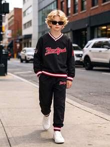 Boys' Autumn/Winter Baseball Style V-Neck 2 Pieces Set, New York Letter Print Black White Red Ribbed Colorblock Jogger Sweatpants Outfit - Black - View 3