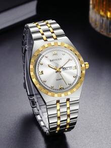 Men's Premium Gold-Tone Alloy Band Watch, Roman Numeral Rhinestone Dial With Date Display, Business Casual Versatile Quartz Wristwatch (1pc/Set), Watch Box Not Included - Multicolor - View 5