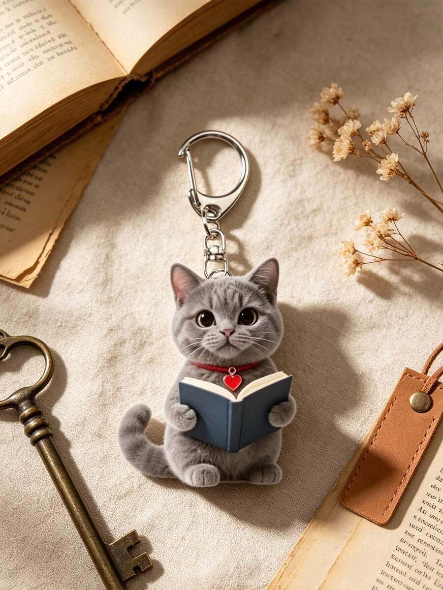 Cute Gray Kitten Reading Pattern Keychain, Party Pendant, Multi-Functional Keychain Decoration, Phone Pendant, Backpack Pendant, Key Pendant, Car Pendant, Party Fashion Accessory, Interesting 2D Acrylic Accessory, Suitable For Backpack, Bag, Car Key Pendant And Daily Use, Great Choice For Couple Gifts, Party Supplies - Multicolor - View 1