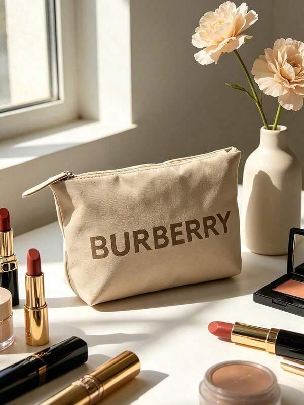 Beige Canvas Zipper Makeup Pouch With Large BURBERRY Letter Logo, Soft Portable Travel Cosmetic Storage Bag Minimal Luxury Gift For Women BURBERRY-GIFT-31