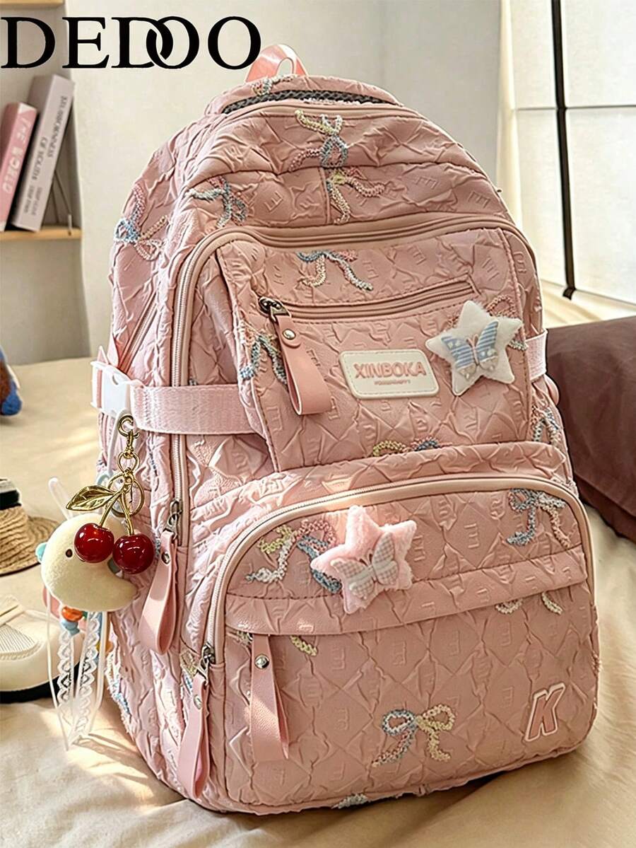 Dedoo 女款大容量後背包 通勤/學生書包 時尚筆電包 旅行後背包附櫻桃吊飾