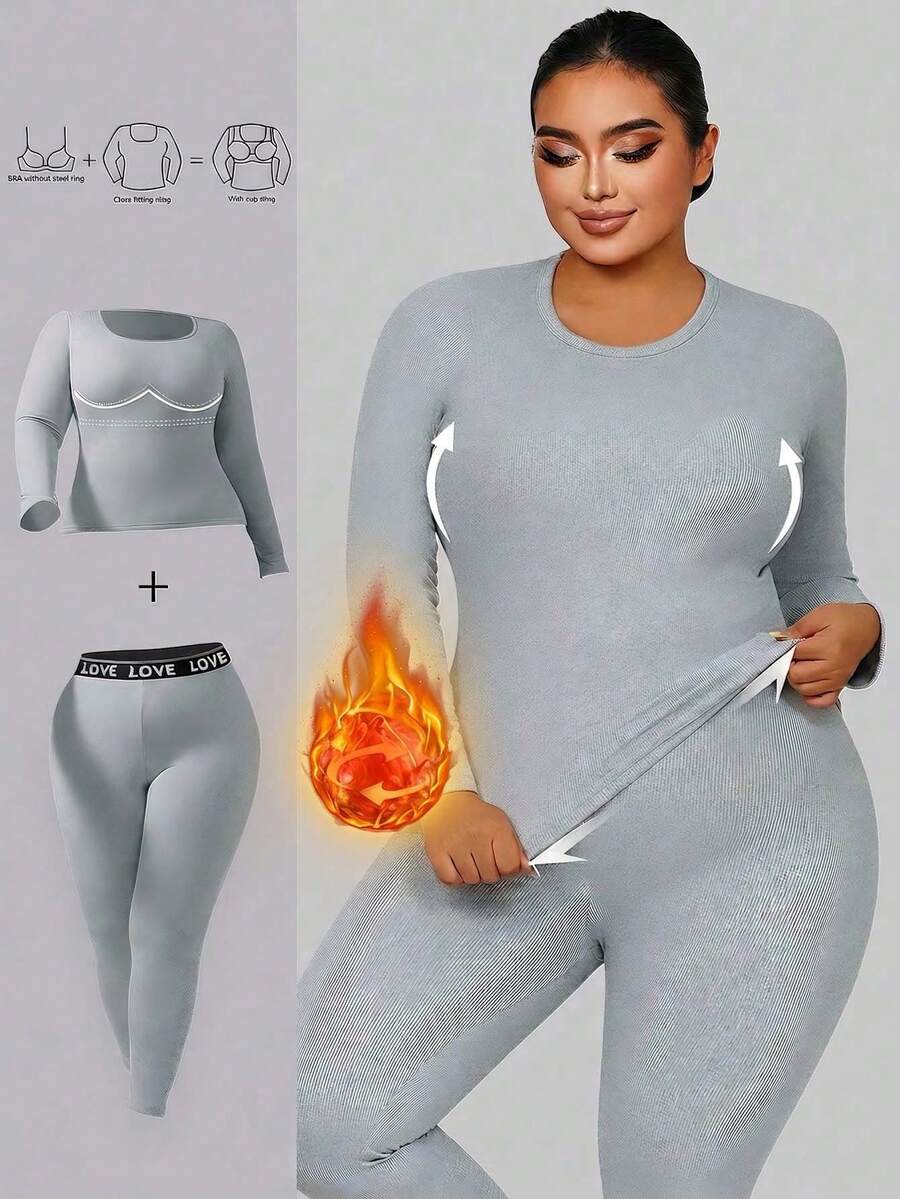 1 Set Autumn/Winter Plus Size Women's Thermal Lined Ribbed Grey Warm Set, Round Neck Long Sleeve 2-In-1 Built-In Non-Wired Padded Slim Fit Top, Letter Waistband Thermal Lined Ribbed Tight Leggings, Slim Fit Innerwear Home Sleepwear Set - Grey - View 1