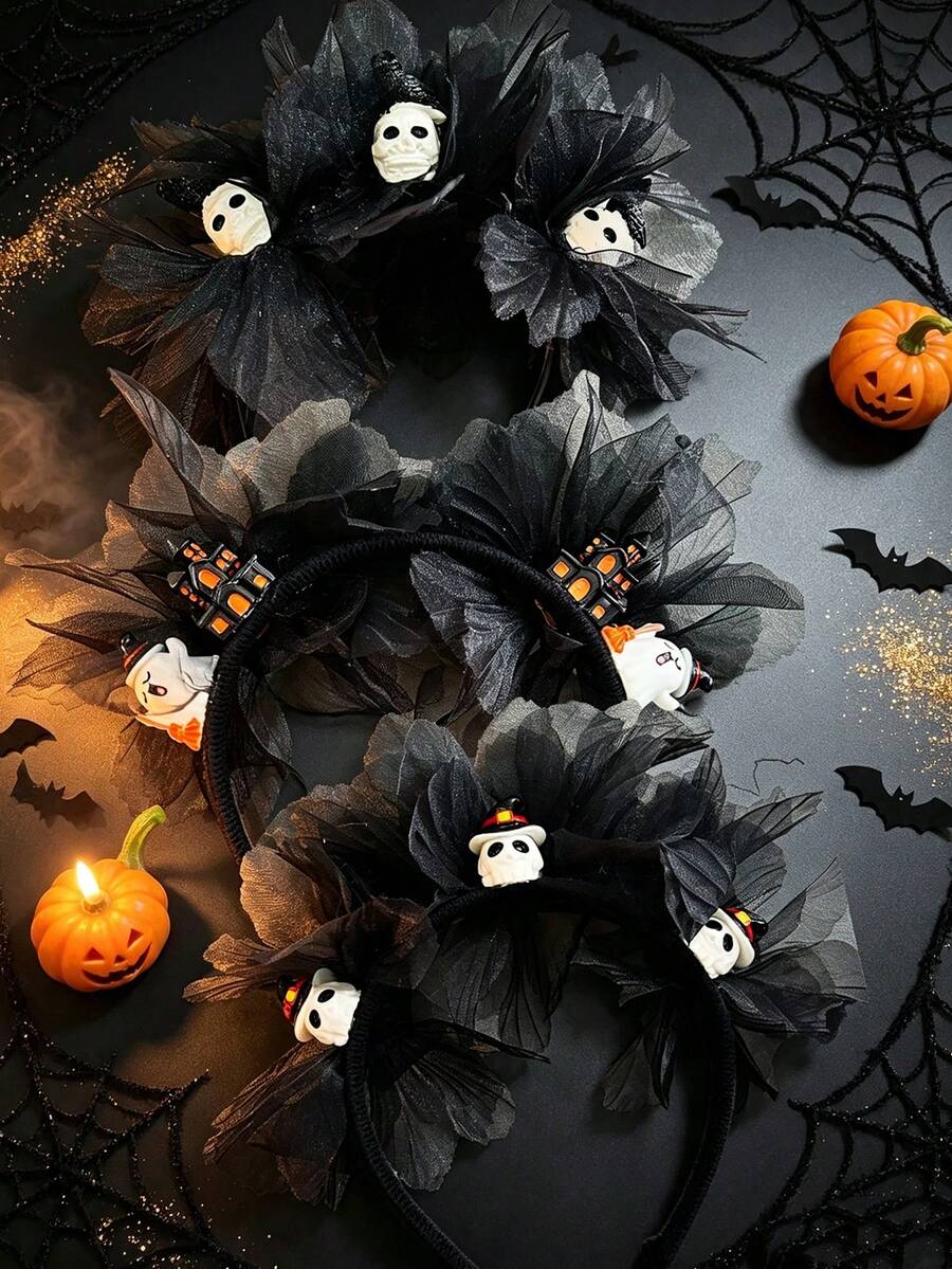 1pc Women's Halloween 3D Pumpkin Castle Witch Hat Skeleton Crow Ghost Mummy Grave Black Tulle Floral Headband Cosplay Dark Series Performance Holiday Party - Multicolor - View 1
