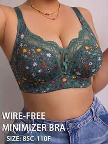 Plus Size Women's Floral Print Patchwork Wireless Bra, Breathable Non-Slip Push-Up With High Support, Seamless For Daily Wear And Various Occasions - Green - View 2