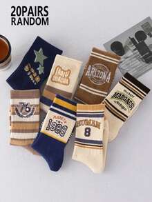 Random 5/10/20 Pairs Women's American Vintage Coffee Brown Spring/Autumn Striped Letter College Style Mid-Calf Socks - Multicolor - View 11