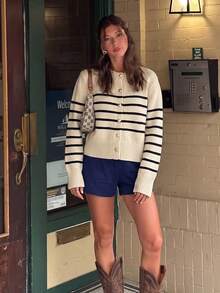 Women's Striped Knit Cardigan, Cute Heart Sweater, Suitable For Christmas, Halloween, Thanksgiving - White - View 3
