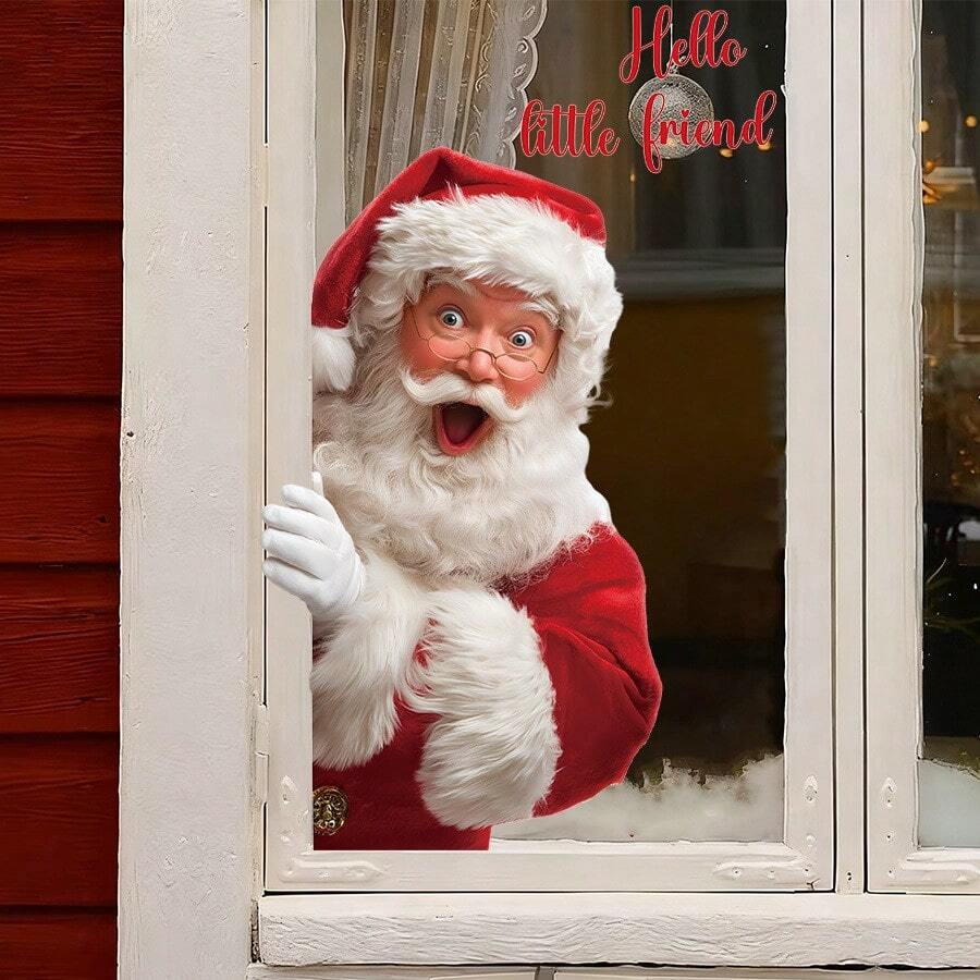 1pc Christmas Window Sticker - Santa Claus "Hello Kids" Text Design, Removable Static Cling, Holiday Home Decor, Christmas Santa Sticker Without Damaging Glass, Halloween Christmas Home Window Decoration, Easy To Apply, Beautiful Sticker - Peeking Santa Claus - View 1