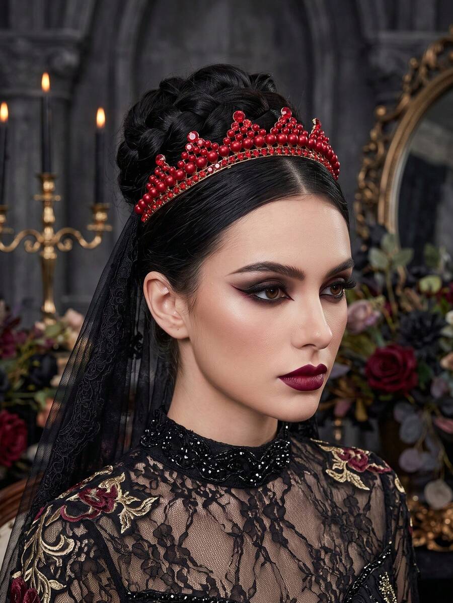 1pc Vintage Red Rhinestone Pearl Crown Baroque Bridal Tiara Hair Accessories For Women Wedding Prom Birthday Party Halloween