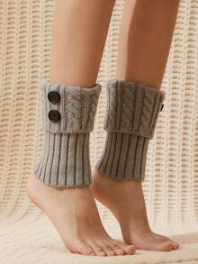 1 Pasang Penghangat Kaki Model Boot Rajut Lipat dengan Kancing - Grey - View 3