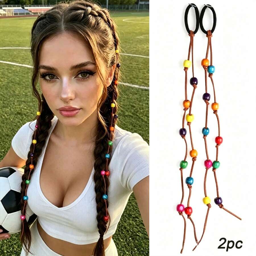2pcs/Pack Colorful Beaded Woven Hair Ties Hair Accessories Ponytail Hair Bands High Elasticity Hair Ropes Ponytail Hair Decoration - Multicolor - View 1
