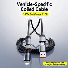 BWVV Kabel CarPlay Mobil 4-in-1, Kabel Pengisian Cepat USB A ke USB C Spiral, 4,92 kaki, Kompatibel dengan Ponsel, Tablet, Laptop, dan Perangkat Pintar Lainnya, Kabel Mobil yang Dapat Ditarik Otomatis - Hitam - View 4