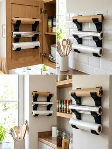 Wall-Mounted Holder For 3 Rolls Of Kitchen Paper/Cling Film/Aluminum Foil Storage Rack (Fits Rolls Up To 50mm Diameter) Space-Saving No-Drill Installation Creates A Tidy Kitchen Perfect For Cabinet Doors Room Decor Kitchen Decor Home Decor - Multicolor - View 5