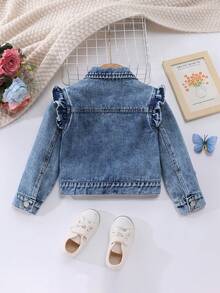 Girls' Denim Jacket/Cardigan, Autumn/Winter New Arrival, Sweet & Cute 3D Floral Embroidery, Light Blue Washed Denim Color, Ruffle Shoulder & Flutter Sleeve Design, Premium Cotton Denim Fabric, Versatile For Daily Wear With Dresses And T-Shirts, Suitable For Spring/Autumn Daily Outings, School And Gatherings - Light Wash - View 2