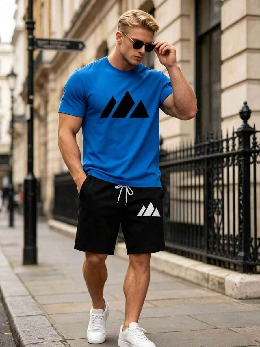 New Summer Men's Casual Set, Minimalist Printed Design, Breathable & Comfortable, Loose Fit Versatile, Suitable For Various Occasions, Refreshing And Neat Look. - Multicolor - View 1