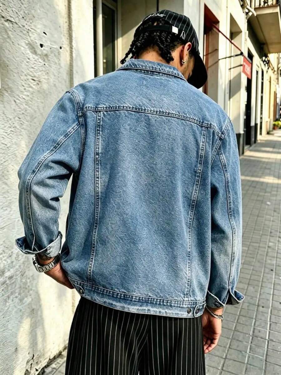Men's Denim Jacket; A Vintage-Washed, Long-Sleeved Denim Jacket, Perfect For Everyday Casual Wear. - Light Denim Blue - View 1