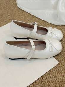 White Mary Jane Hidden Wedge Shoes, Split Toe Ruched Round Toe, Upper With Delicate Bow, Single Strap Metal Buckle Low Vamp Shoes, Sweet Style Slouchy Women's Shoes - Beige - View 2