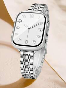 1pc Set Compatible With Apple Watch Band 38/40/41/42/44/45/46/49mm Stainless Steel Metal Slim Band + Full Coverage Anti-Drop Anti-Scratch Protective Case Compatible With Apple Watch Series 12/11/Ultra/SE/10/9/8/7/6/5/4/3/2/1 Smart Watch Accessories Screen Protector Integrated Shell + Band - Silver - View 10