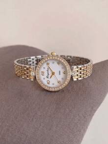 JUSMI Women's Elegant Rhinestone Watch, Two-Tone Steel Band, Round Dial Wristwatch, Jewelry Gift For Her, Christmas Birthday - White - View 4