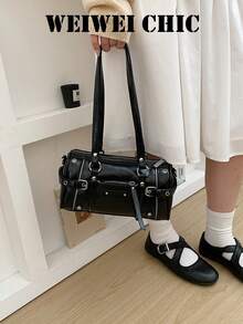 Bolso cilíndrico Y2K Millennium Hot Girl con múltiples bolsillos con cremallera, decoración de herrajes con remaches, uso dual de mano y bajo el brazo, estilo retro de motocicleta, atuendo de uso diario, bolso de hombro personalizado para mujer - Negro - Ver 7