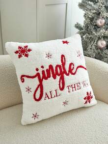 LCUHPCL 1pc Christmas Jingle All The Way And Snowflake 3D Embroidered Plush Pillowcase, Home Decor For Sofa, Bedroom, Living Room, Daily Use, Party And More - Red - View 8