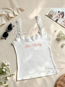 Personalized Embroidered Lace Tank Top, Custom Embroidery Modal Tank Bridal Shower Gift, Engagement Gift Bachelorette Party, New Mrs. Tank - Multicolor - View 7