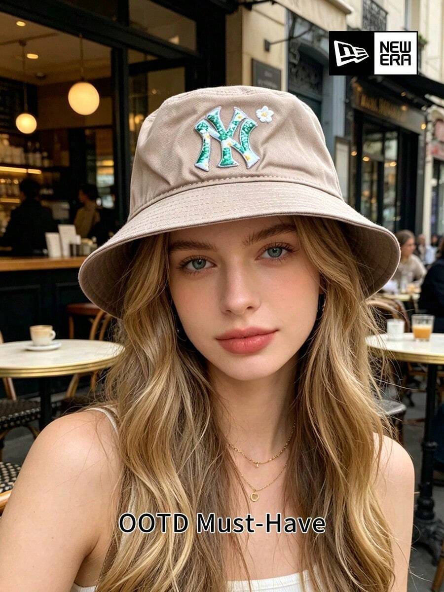 New Era Bucket Hat, Floral Pattern NY Embroidered Khaki Wide Brim Hat, Unisex Outdoor Sun Protection Hat - Apricot - View 1