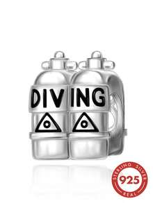 1pc S925 Sterling Silver 3D Diving Oxygen Tank Hollow Bead With Black Epoxy DIVING Engraving, Large Hole Silver Bead Accessory For Outdoor Diving Enthusiasts DIY Bracelet - Silver - View 2