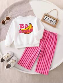 2pcs Baby Girls Autumn Letter Fruit Banana Print Long Sleeve Sweatshirt Contrast Color Striped Elastic Waist Wide Leg Pants Children Spring Fashion Cute Outfit - Rose Red - View 9