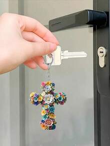 2D Flat Flower Cross Pattern Keychain, Cross Flower Keychain, Beautiful Fashionable Key Ring Wallet Handbag Decoration, Fashionable Flower Party Keychain, Novel Acrylic Design Key Ring Decoration, Durable And Lightweight, Suitable For Car Keychain, Phone Keychain, Backpack And Wallet Keychain Decoration - Can Be Used As Birthday Gift, Pet Lover Keychain Car Key Bag Pendant - Multicolor - View 3