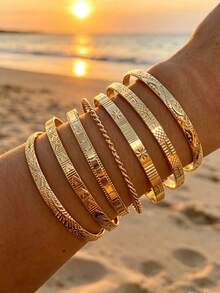10/7pcs Vintage Exaggerated Glamorous Geometric Twisted Hollow Wide Gold Bracelet Set, Suitable For Women's Daily Casual, Party, Vacation Wear, Holiday Gift - Gold - View 6