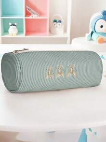1pc Cute Little Animals Print Corduroy Cylindrical Zipper Pencil Case, Large Capacity, For Students Stationery Makeup Brushes School Daily Use Travel - Multicolor - View 12