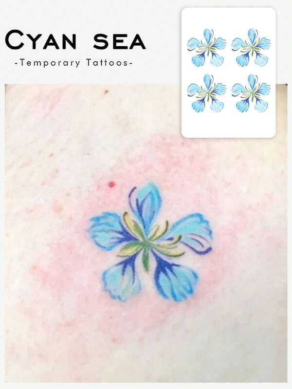 1pc Fresh Light‑Blue Floral Watercolor Pattern Temporary Tattoo Sticker, Realistic Fake Tattoo Design, Suitable For Daily, Bachelorette Party Favors, Music Festivals, Games, Graduation Gifts, Lasts 3‑5 Days