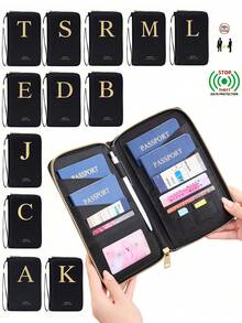 FOREVER MIYIN RFID Blocking Passport Holder Travel Essential, Alphabet Print Zipper Document Organizer With Wrist Strap, Multi‑Slot Travel Wallet For Vacation Trip - Black - View 2