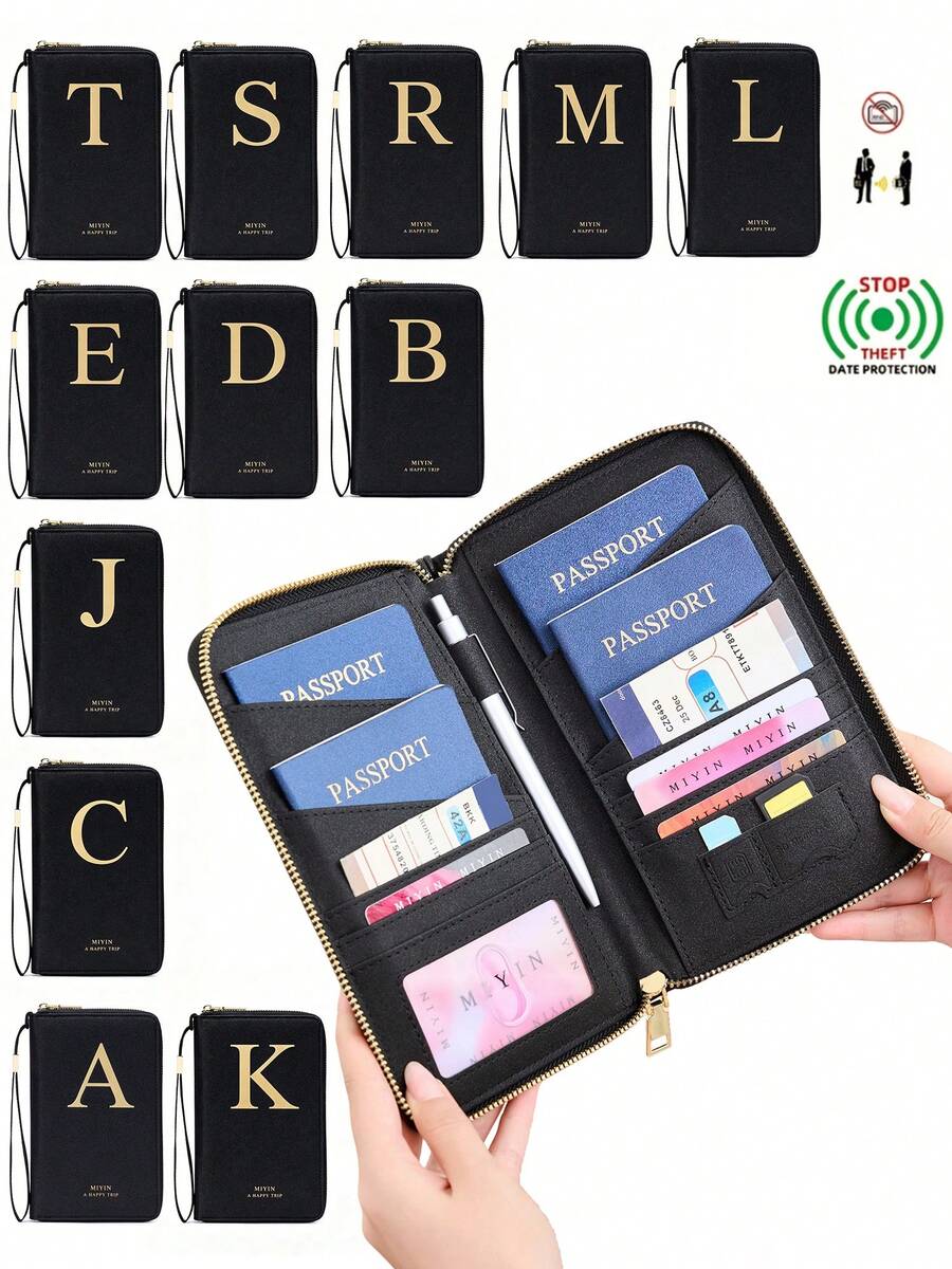 FOREVER MIYIN RFID Blocking Passport Holder Travel Essential, Alphabet Print Zipper Document Organizer With Wrist Strap, Multi‑Slot Travel Wallet For Vacation Trip
