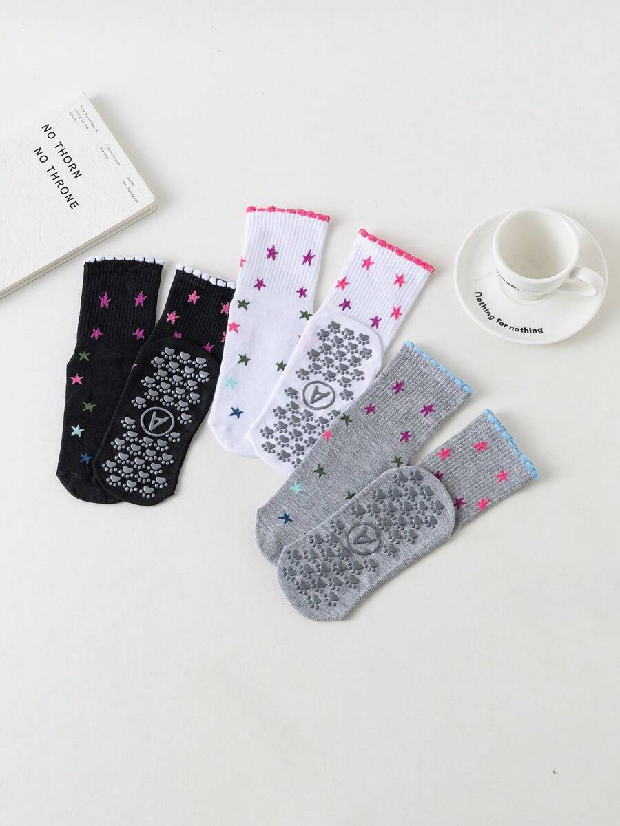 1/3/6 Pairs Pilates Yoga Socks, Professional Non-Slip Pilates Socks, Full Silicone Sole Anti-Slip, Multiple Colors Available, Bubble Mouth Star Pattern Design, Suitable For Dance, Yoga, Pilates, Sports, Fitness, Ball Games, Aerobics, Gifts, All Seasons - Multicolor - View 1