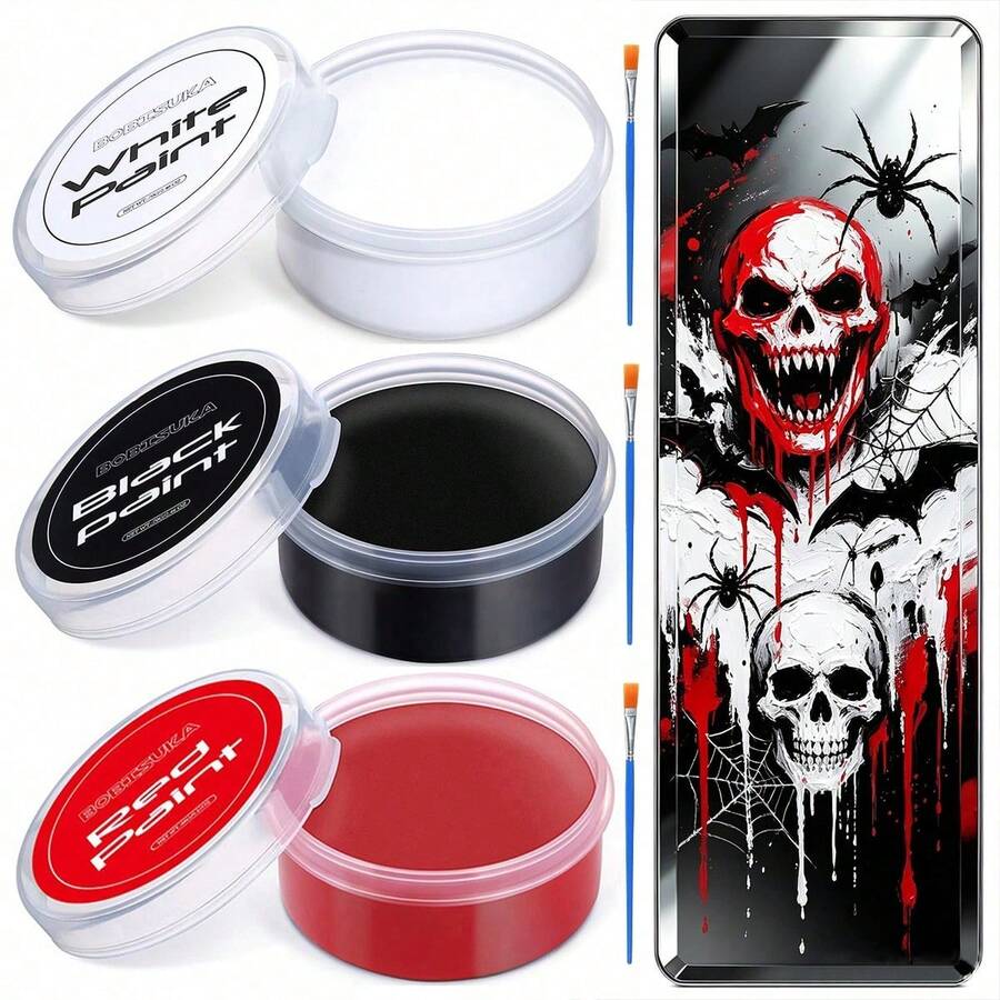 Large Capacity Oil-Based Paint Set, Includes White, Black, Red Colors (Free Brushes), Suitable For Adults; Applicable For Halloween Special Effects, Cosplay, Party Costumes, Scene Decoration, Mirror And Window Decoration - Painted Set - View 1