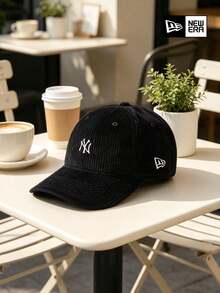 New Era Baseball Cap, White Small NY Logo Embroidered Black Curved Brim Hat, Unisex Adjustable Sports Cap - Black - View 8