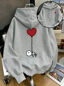 Women's Plus-Size Casual, Versatile Pullover Hoodie Featuring A Double-Sided Heart-Shaped Balloon Print-Ideal For Everyday Wear In Autumn And Winter. - Grey - View 3