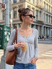 Women's Striped Babydoll Tops Long Sleeve Scoop Neck Fall Shirts - Grey - View 2