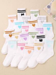 5 Pairs Kids White Random Striped & Heart Pattern Elastic Soft Socks, Suitable For Daily Wear And Sports, Versatile Casual, Breathable & Comfortable, Fit For 1-14 Years Old Children And Teenagers - Multicolor - View 1