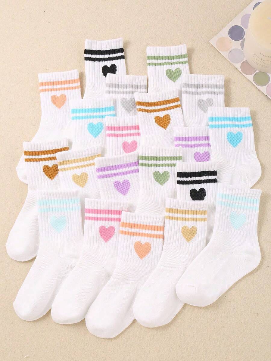 5 Pairs Kids White Random Striped & Heart Pattern Elastic Soft Socks, Suitable For Daily Wear And Sports, Versatile Casual, Breathable & Comfortable, Fit For 1-14 Years Old Children And Teenagers - Multicolor - View 1