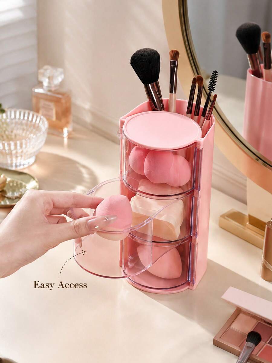 2/1pc Rotating Makeup Storage Box With Lid, Multi-Layer Flip Cover Cosmetic Storage Container, Dust-Proof Makeup Brush Holder, Portable Transparent Makeup Display Box, Suitable For Makeup Sponge, Lipsticks, Skincare Products, Desktop Vanity Makeup Organizer,Room Decor,Travel Essential - Multicolor - View 1