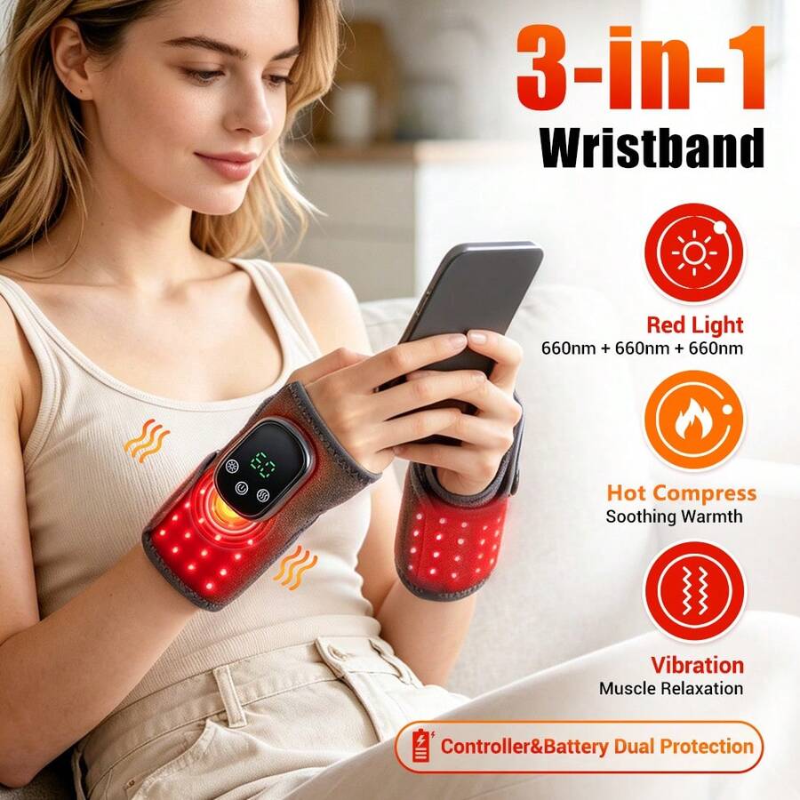 Hailicare 5-Level Heat Therapy 3-Mode Vibration Red Light Wrist Massager, Electric Heated Hand Warmer Wrist Guard, Christmas Gift, 1PC - View 1