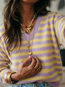 Women's Striped Top, Beautiful Sweater, Long Sleeve Pullover, Elegant Casual Clothing For Daily Wear And Vacation In Spring, Autumn And Winter - Mauve Purple - View 1