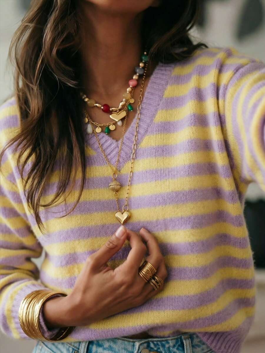 Women's Striped Top, Beautiful Sweater, Long Sleeve Pullover, Elegant Casual Clothing For Daily Wear And Vacation In Spring, Autumn And Winter - Mauve Purple - View 1