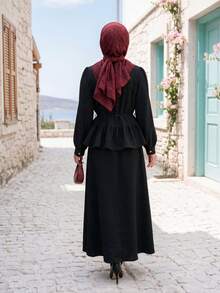 Women's Conservative 2 Pieces Set, Lapel Puff Sleeve Ruffle Top With Long Flared Skirt, Front Button Placket Waist Tie Casual Daily Outfit - Black - View 5
