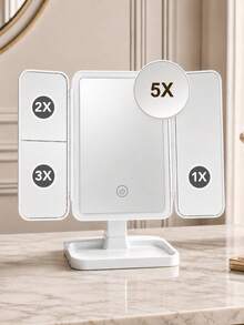 مرآة مكياج LED ثلاثية الطي مع تكبير 2X/3X، مجموعة مرآة شفط اختيارية بتكبير 5X، مرآة طاولة دوارة، شاشة لمس قابلة للشحن مع تعديل السطوع، 3 أوضاع إضاءة ملونة، مناسبة كهدايا للعطلات، مرآة حشو للجنسين - متعدد الألوان - مشاهدة 2